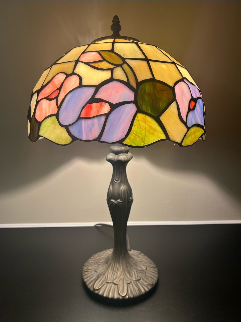 Vintage Tiffany-Style Stained Glass Floral Table Lamp - Yellow, Pink, Blue